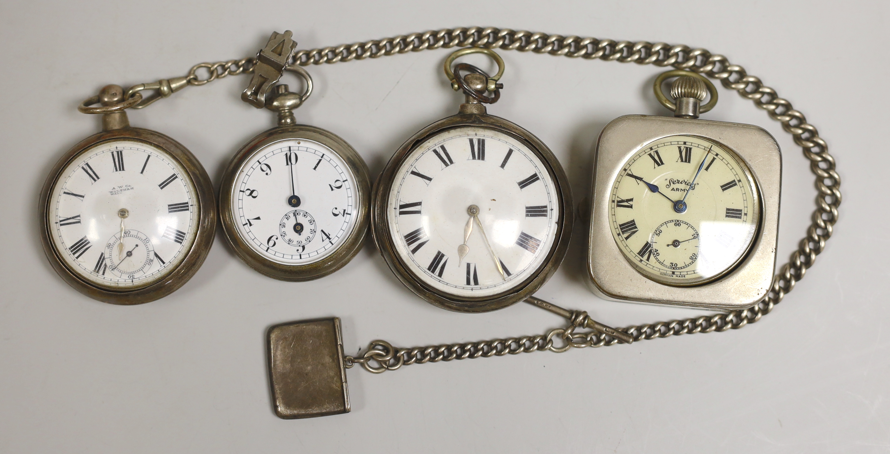 A Georgian silver pair cased keywind verge pocket watch, by Dan Chapman, Hythe, two other pocket watches, one on albert with silver stamp case and one other pocket watch.